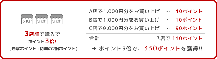 3店舗で購入でポイント3倍!（通常ポイント+特典の2倍ポイント)